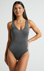 Kerrie Bodysuit - V Neck Bodysuit in Charcoal