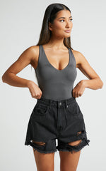 Kerrie Bodysuit - V Neck Bodysuit in Charcoal