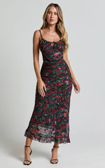 Kiana Midi Dress - Strappy Sweetheart Neck Slip Dress in Rose Print