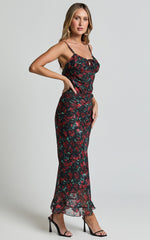 Kiana Midi Dress - Strappy Sweetheart Neck Slip Dress in Rose Print