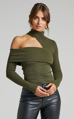 Kiefer Top - Asymmetric Long Sleeve Cutout Top in Khaki