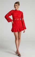 Kiss Me Now Mini Dress - Long Puff Sleeve Dress in Oxy Red Lace