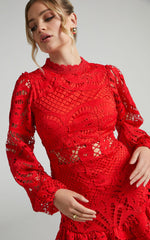 Kiss Me Now Mini Dress - Long Puff Sleeve Dress in Oxy Red Lace