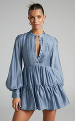 Kyra Mini Dress - Pin Tuck Detail Tiered Shirt Dress in Blue