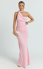 Larson Maxi Dress - Asymmetric Tie Neck Column Dress in Pink
