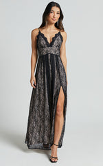 Leni Maxi Dress - Plunge Thigh Split Lace Dress in Black