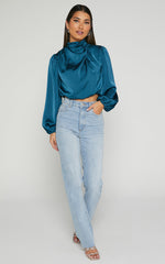 Lila Top - High Neck Draped Satin Long Sleeve Blouse in Teal