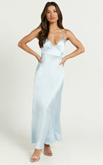 Lorenzia Maxi Dress - Plunge Corset Underbust Detail Satin Dress in Light Blue