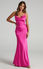 Lunaria Maxi Dress - Cowl Mermaid Slip Dress in Hot Pink Satin