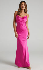 Lunaria Maxi Dress - Cowl Mermaid Slip Dress in Hot Pink Satin