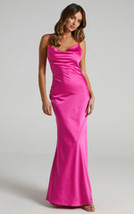 Lunaria Maxi Dress - Cowl Mermaid Slip Dress in Hot Pink Satin