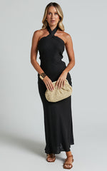 Maelynn Midi Dress - Linen Twist Halter Neck Low Back Slip Dress in Black