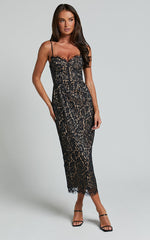 Makenzie Midi Dress - Strappy Corset Lace Slip Dress in Black