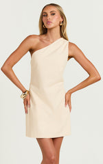 Mardelle Mini Dress - Linen One Shoulder Shift Dress in Neutral