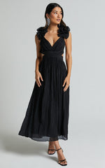 Marielly Midi Dress - Side Cut Out V Neck Ruffle Detail Sleeve Dress in Black