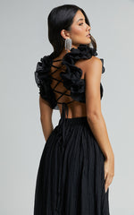 Marielly Midi Dress - Side Cut Out V Neck Ruffle Detail Sleeve Dress in Black
