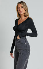 Marion Top - Long Sleeve Ruched Top in Black