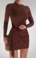 Marleen Mini Dress - Wrap Front Long Sleeve Bodycon Dress in Dark Oak