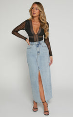 Masharie Bodysuit - Plunge Neck Open Back Lace Bodysuit in Black