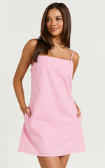 Mavie Mini Linen Dress - Linen Strappy Shift Dress in Pink Gingham