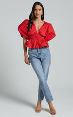 Mellie Top - Puff Sleeve Peplum Top in Cherry Tomato