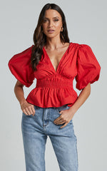 Mellie Top - Puff Sleeve Peplum Top in Cherry Tomato