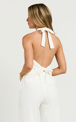 Mya Top - Linen Tie Back Fitted Vest Top in White