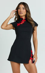 Nadia Mini Dress - Cap Sleeve Mandarin Collar Fitted Dress in Red