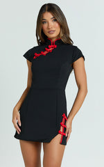 Nadia Mini Dress - Cap Sleeve Mandarin Collar Fitted Dress in Red