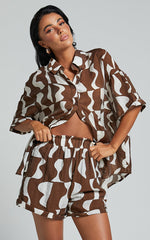 Nadiane Shorts - Shirred High Waisted Shorts in Chocolate Mono Wave