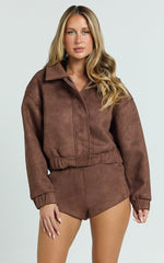 Nessa Jacket - Faux Suede Oversized Cropped Bomber Jacket in Dark Chestnut