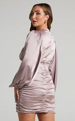 Nicole Mini Dress - Plunge Neck Ruched Dress in Mushroom