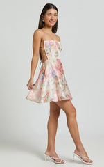 Odessa Mini Dress - Straight Neck Backless Tie Back Shift Dress in Pink Jacquard