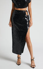 Olivera Midi Skirt - Thigh Split Waist Cut Out Sequin Skirt in Black