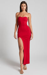 Oriella Maxi Dress - Panelled Thigh Split Strapless Dress in Red