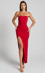 Oriella Maxi Dress - Panelled Thigh Split Strapless Dress in Red