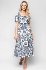 Charlotte Midi Dress | Ivory + Dark Blue