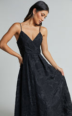 Philine Midi Dress - Jacquard Plunge Fit and Flare Dress in Black