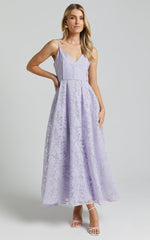 Philine Midi Dress - Jacquard Plunge Fit and Flare Dress in Lilac