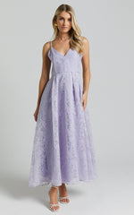 Philine Midi Dress - Jacquard Plunge Fit and Flare Dress in Lilac