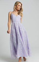 Philine Midi Dress - Jacquard Plunge Fit and Flare Dress in Lilac