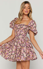 Phorchia Mini Dress - Fit and Flare Puff Sleeve Corset Dress in Noir Fleur Print