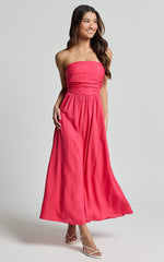 Polly Midi Dress - Strapless Ruched Dress in Lipstick Pink