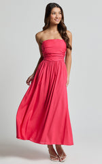 Polly Midi Dress - Strapless Ruched Dress in Lipstick Pink