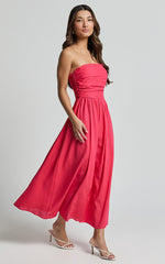 Polly Midi Dress - Strapless Ruched Dress in Lipstick Pink