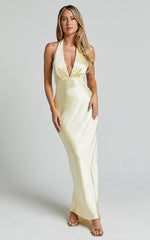 Prima Midi Dress - Plunge Satin Dress in Butter Yellow