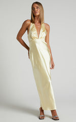 Prima Midi Dress - Plunge Satin Dress in Butter Yellow