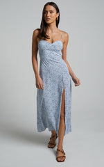 Prudence Midi Dress - Sweetheart Thigh Split Dress in Blue Floral