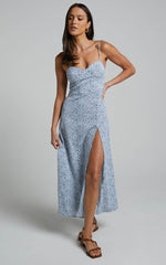 Prudence Midi Dress - Sweetheart Thigh Split Dress in Blue Floral