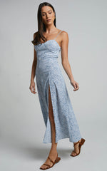 Prudence Midi Dress - Sweetheart Thigh Split Dress in Blue Floral